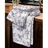 Miss Adola Waffle Cotton Kitchen Towels Set of 2-16x26 Inch Waffle Weave Dish Cloths with Hanging Loop Absorbent Reusable Hand Tea Towels Cute Design Home Decorative Housewarming, White Blue Flower