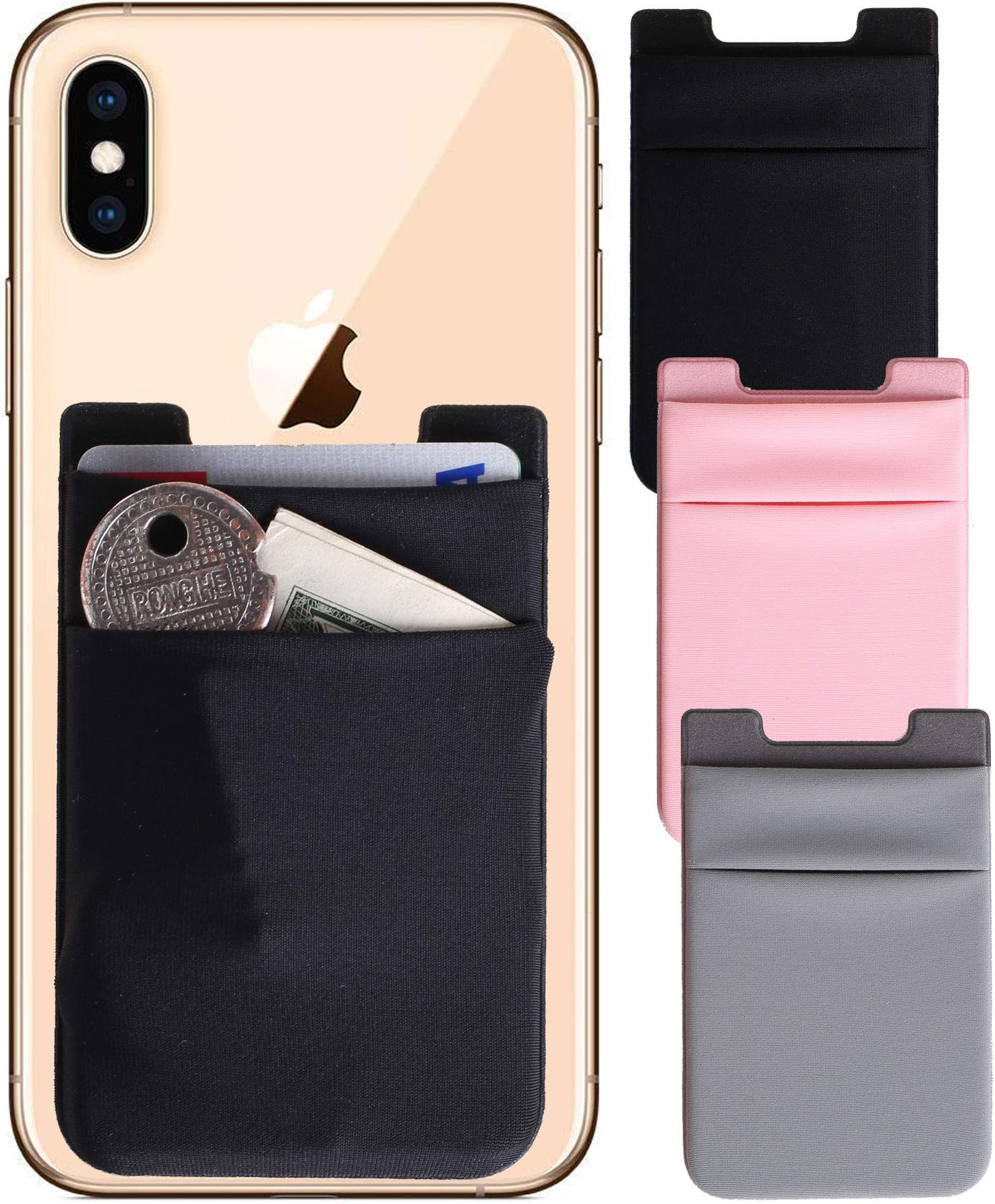 Stick on wallet 3 Packs [Double Secure] Nylon Pouch Ultra-Slim 3M Self Adhesive Card Holder Stick on Phone Sleeves with Pocket for Smartphones ([Double] Black+Grey+Rosegold)