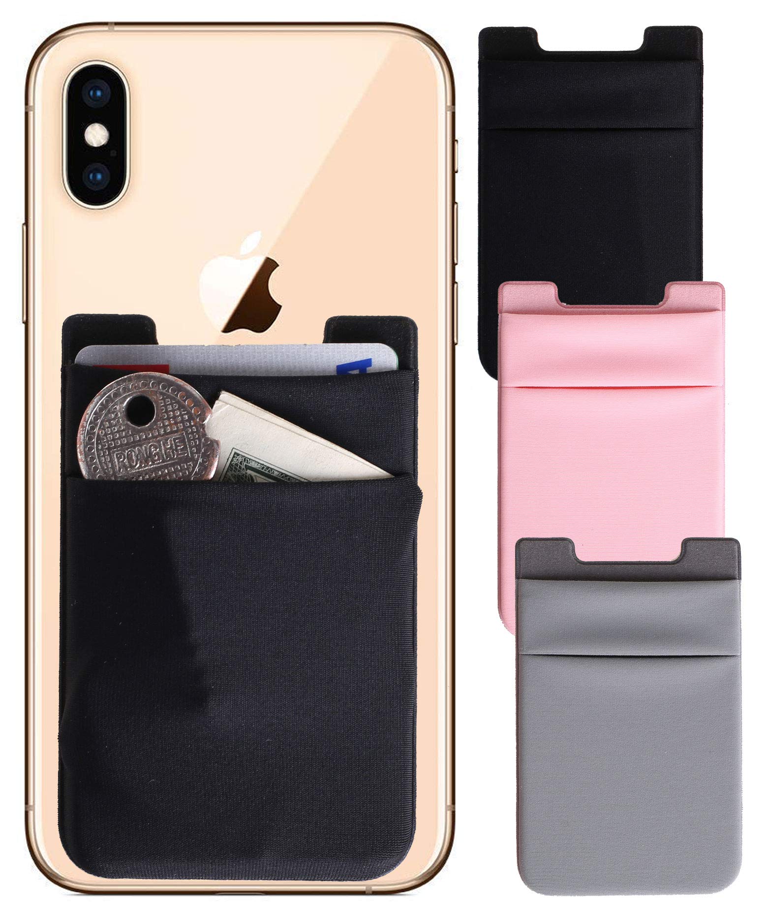 Stick on wallet 3 Packs [Double Secure] Nylon Pouch Ultra-Slim 3M Self Adhesive Card Holder Stick on Phone Sleeves with Pocket for Smartphones ([Double] Black+Grey+Rosegold)