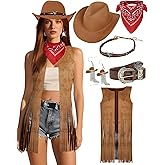 Western Outfits for Women Cowgirl Costume Women Fringe Vest Sleeveless with Cowboy Hat Earring Bandana Belts Accessories
