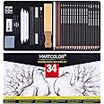 MARTCOLOR Drawing Sketching Pencils Set, 34 Pieces Pro Art Pencil Kit - Graphite Pencils (14B-4H), Charcoal Pencils, Charcoal Sticks, Artist Pencils for Beginners & Pro Artists