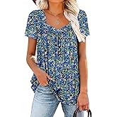 ROSELINLIN Womens Short Sleeve Shirts Loose Summer Floral Tunic Tops