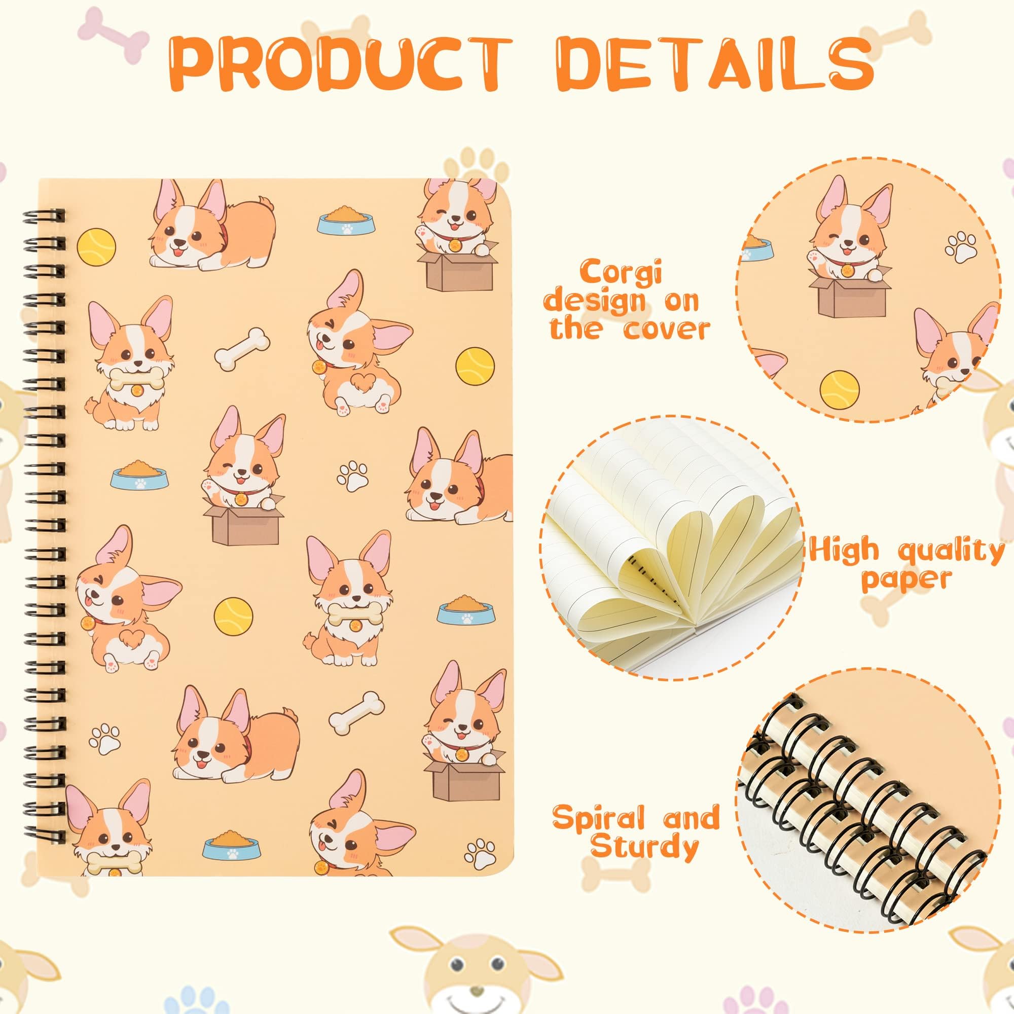 L1rabe 2 A5 Corgi Spiral Notebooks Back to School Cute Funny Dog Ruled Notepads First Day of School Yellow Dog Exercise Book Hardcover Spiral Travel Drawing Journal Diary for Kids Teen (Playing Corgi)