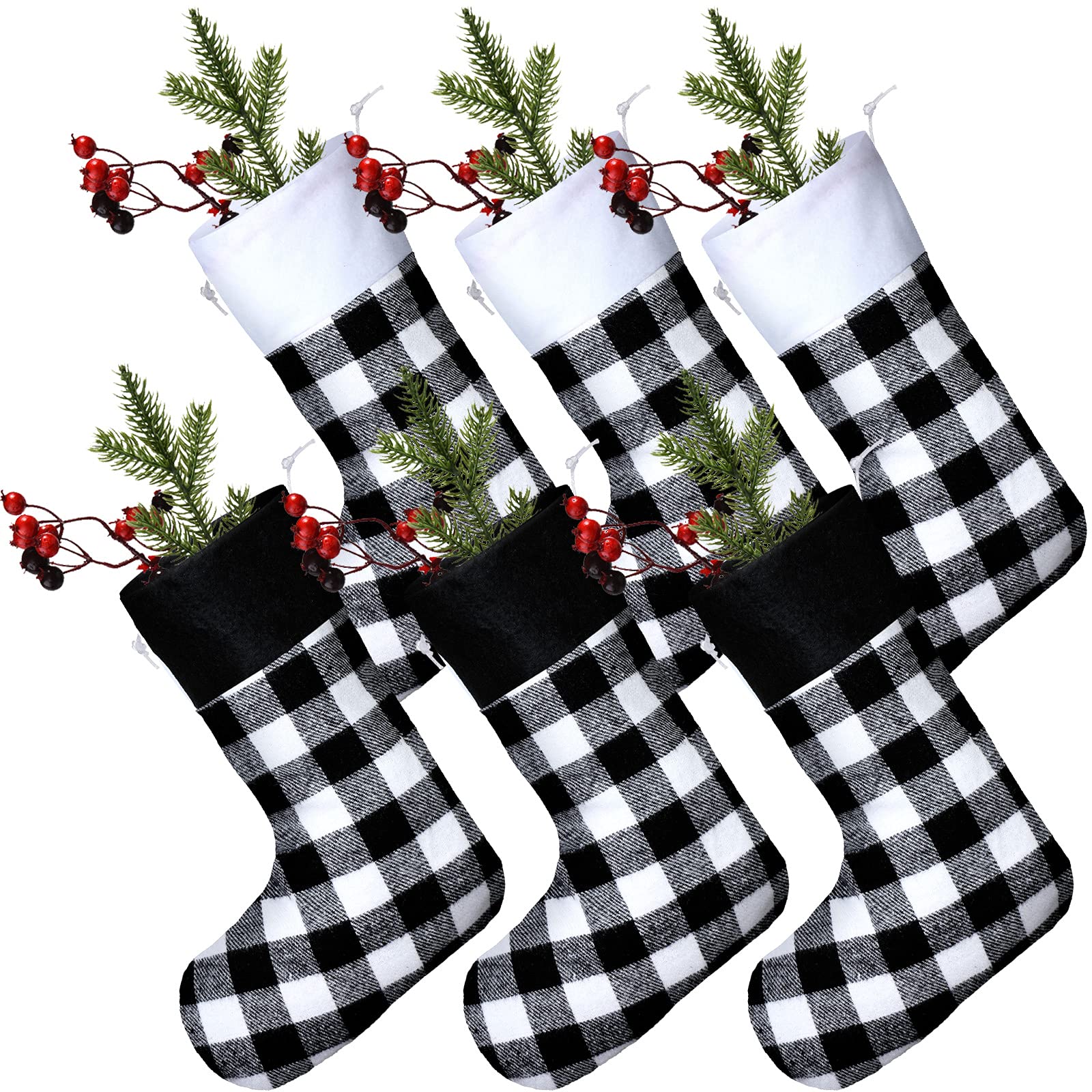 6 Pieces Christmas Buffalo Plaid Stocking 15×10 Inch Classic Stocking Decorations Christmas Stockings with Plush Cuff for Family Christmas Party Decor (Black Cuff Black White, White Cuff Black White)