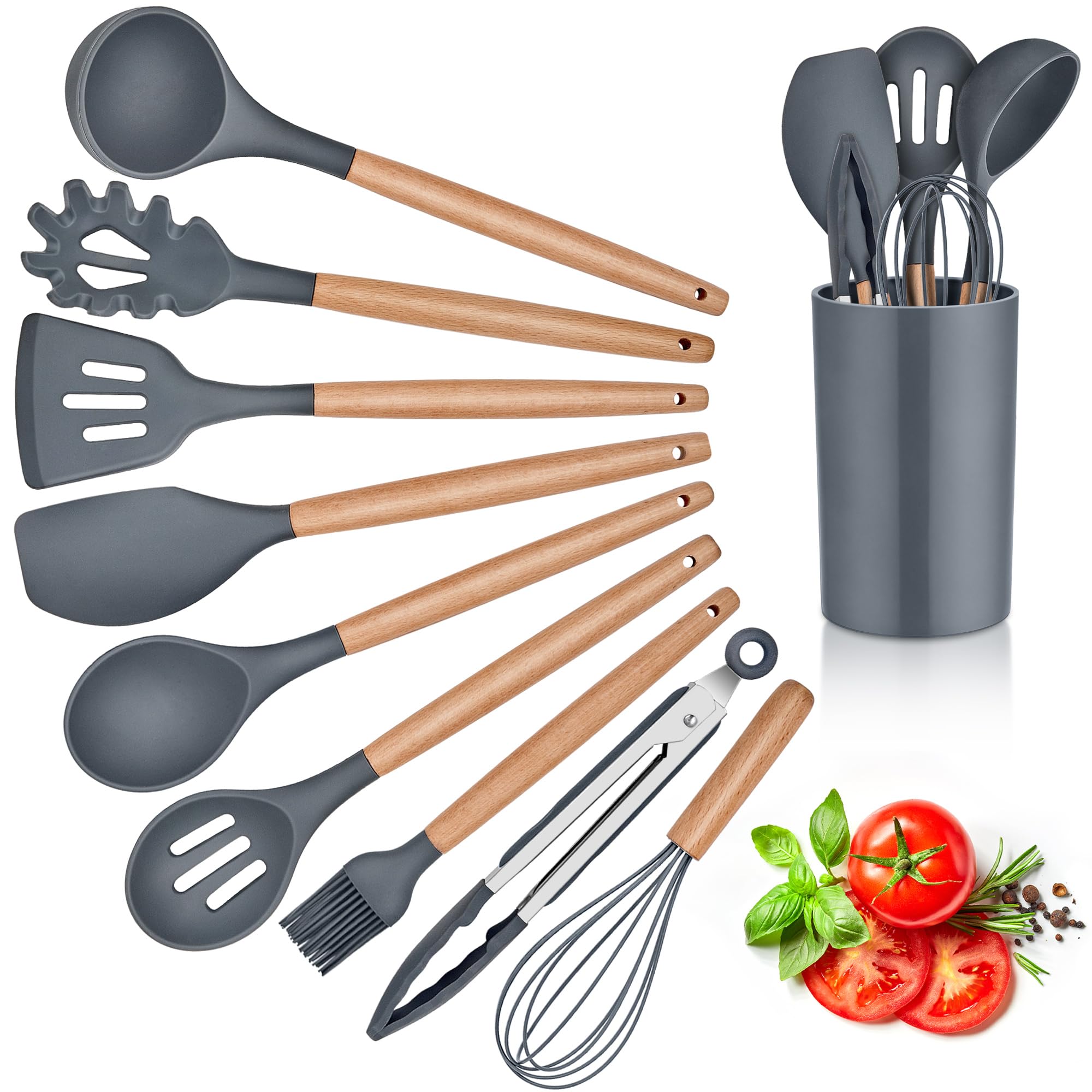 Herogo Kitchen Utensils Set with Holder, 10 Pieces Silicone Cooking Utensil with Wooden Handle, Heat Resistant & Non-Stick, Cooking Spatula Turner Tong Gadgets Utensil Set – Grey