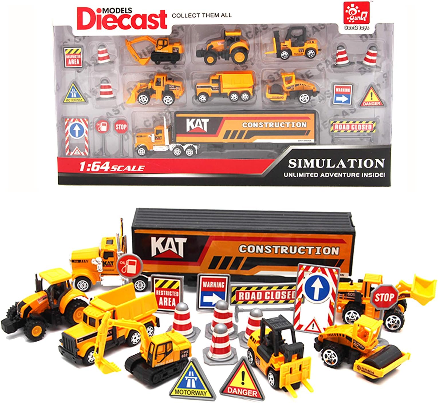 Waylyee Alloy Construction Car Set 9.5” Construction Truck Playset 1:64, 19 Pcs Die Cast Metal Car with Forklift, Bulldozer, Road Roller, Excavator, Dump Truck, Tractor