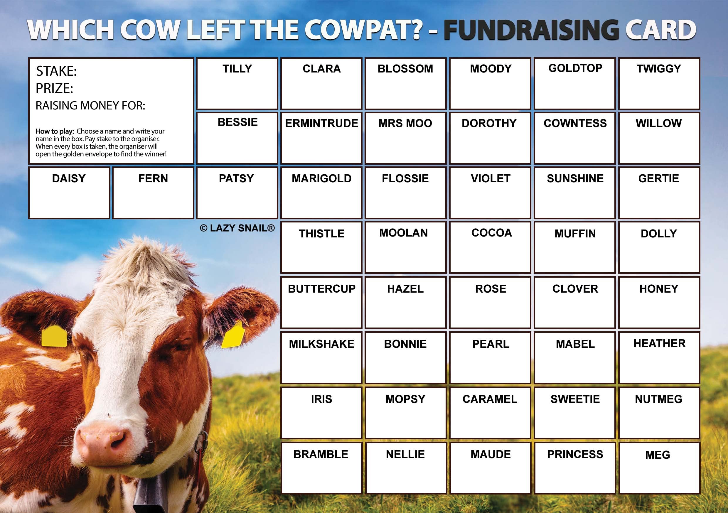 Lazy Snail ‘Which Cow Left the Cowpat?’ Fundraising Cards Pack 8 (A4 Size, 45 Squares per Card) Fun Golden Winner Envelopes Full Colour Charity Fundraising Game for Schools, Fairs & Community Events