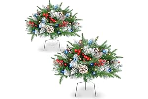 Siyaluens 2 Pack Christmas Decorations Outdoor - 21" Pre-Lit Christmas Tree with Lights, Prelit Planter Bushes with Remote, Christmas Urn Filler for Front Porch Yard Garden Holiday Decor