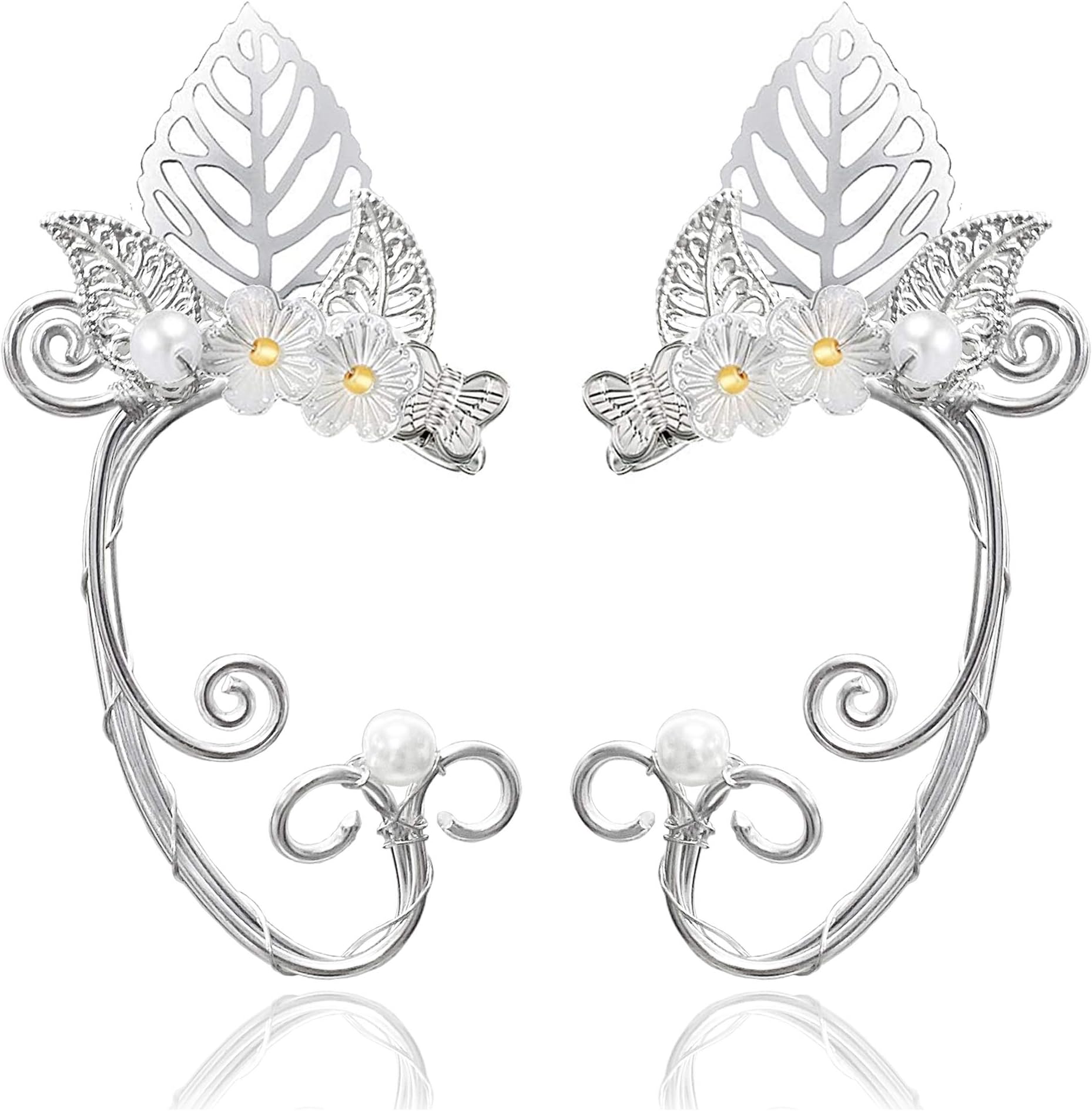 Elf Ear Cuffs, Aifeer 1 Pair Pearl Beads Filigree Fairy Elven Cosplay Fantasy Handcraft Ear Cuffs (Leaf Design)