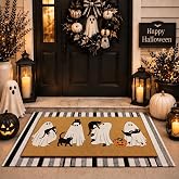 Drydiet 2 Pcs Halloween Door Mat Set, Ghost Cat Pumpkin Front Door Rug | Layered Black White Stripe Base Rug, Spooky Ghost Cat Print, Outdoor for Entryway Porch, Theme Seasonal Welcome Decor