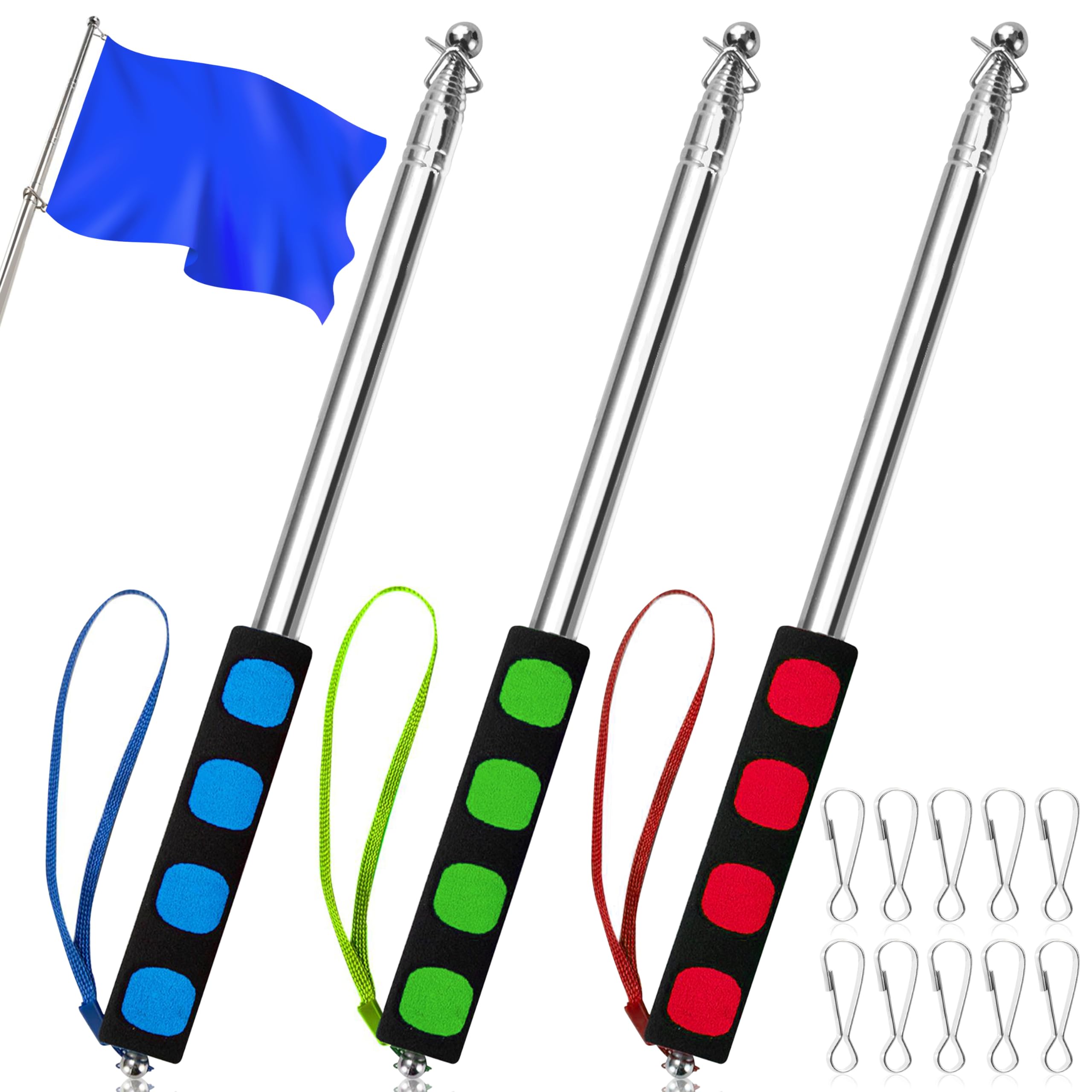 Heveer Telescopic Flag Pole 3pcs 1.6 M Stainless Steel Handheld Flag Pole Portable Extendable Flag Pole with 10 Pieces Flag Pole Clips for Teacher Tour Guide