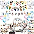 Cat Birthday Party Decorations Supplies, 16 Guests Cat Party Tableware Set, Kitty Birthday Plates Balloons Napkins Cups Table