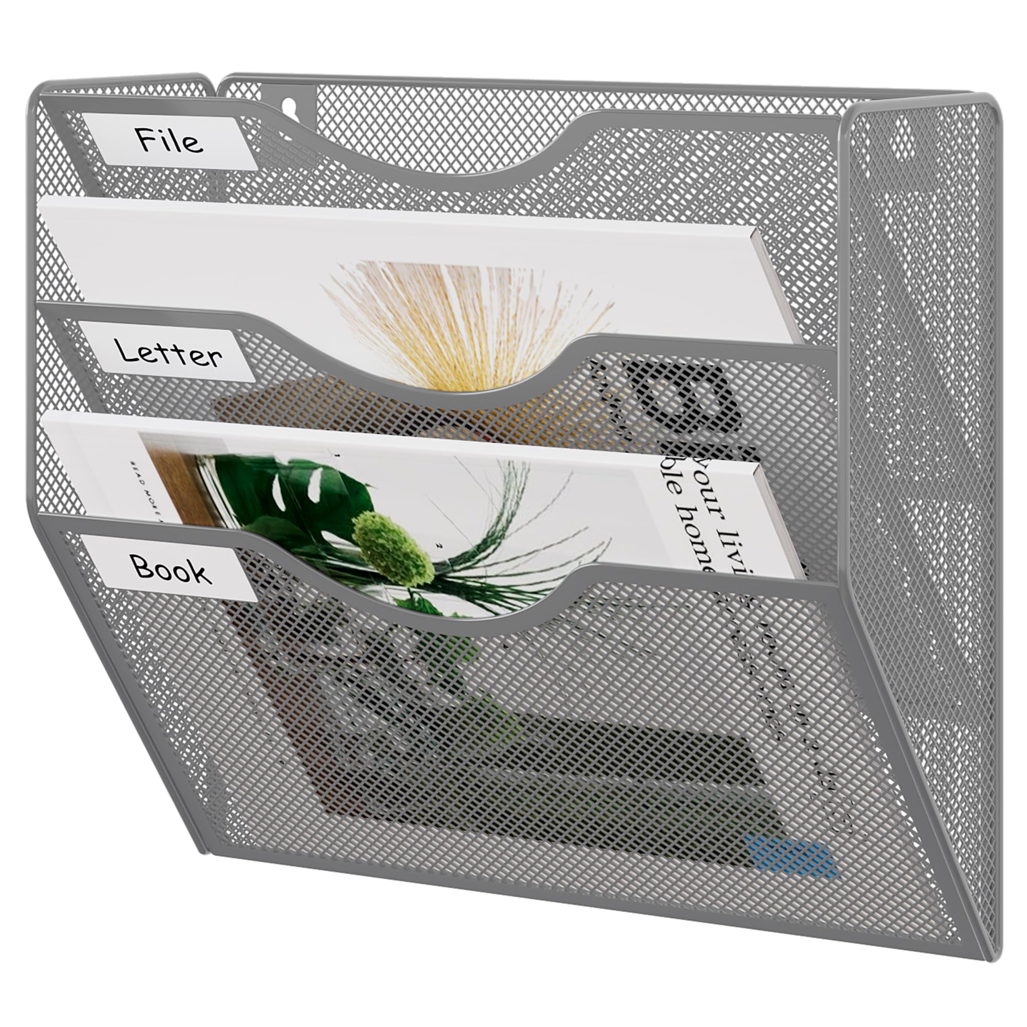 EasyPAG 3 Pocket Mesh Wall File Organizer, Hanging Paper Folder Holder with Classify Label, Vertical Wall Mount Mail Organizer for Office Home Classroom, Silver