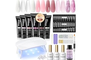 PEACECOLOR 24PCS Poly Nail Gel Kit with U V Light 6 Colors Pink White Clear Nude Glitter Nail Extension Gel with Base Glossy & Matte Top Coat Slip Solution Starter Manicure Kit for Women Beginners