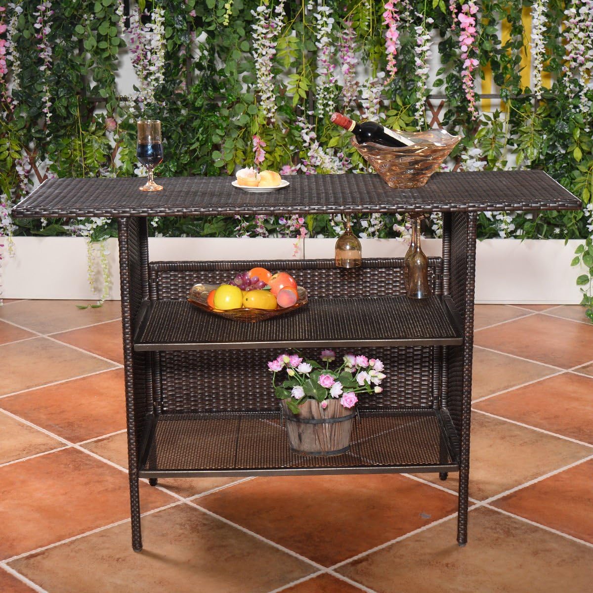 Giantex Outdoor Patio Rattan Wicker Bar Counter Table with 2 Steel Shelves, 2 Sets of Rails Garden Patio Furniture, 55.1"X18.5"X36.2"(LXWXH), Brown: Kitchen & Dining