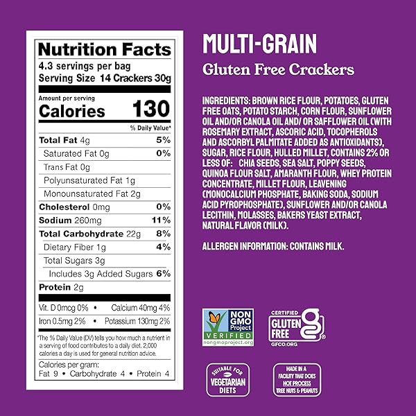 MILTON’S GLUTEN FREE CRACKERS, MULTI-GRAIN – NON-GMO PROJECT VERIFIED, KOSHER, CERTIFIED GLUTEN FREE SNACK, 7 GRAINS IN EVERY BITE – 4.5 OZ