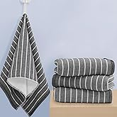 VOOVA & MOVAS 4-Piece Striped Cotton Hand Towels with Hanging Loops | 13x28 Inches, Thick 450GSM | Ultra-Absorbent & Quick-Dry | Soft Bathroom & Face Towels | Classic Black Background White Stripe