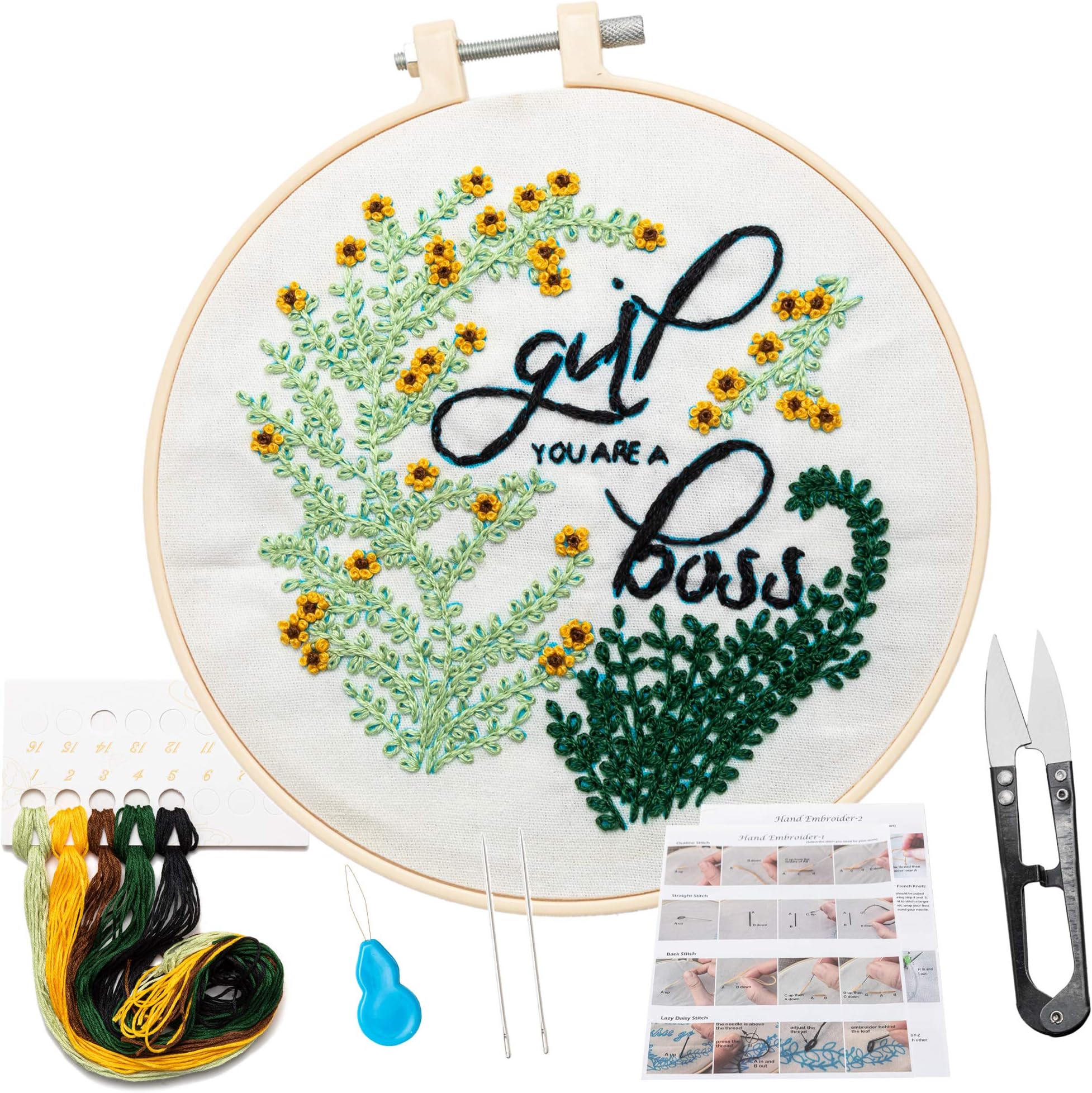 KHALEE Full Set of Hand-Made Embroidery Starter Kit, Cross Stitch Kits for Beginners Including Patterned Embroidery Cloth, Plastic Hoop,Color Floss,Tools Kit(Girl Boss, 6 Inches in Diameter)