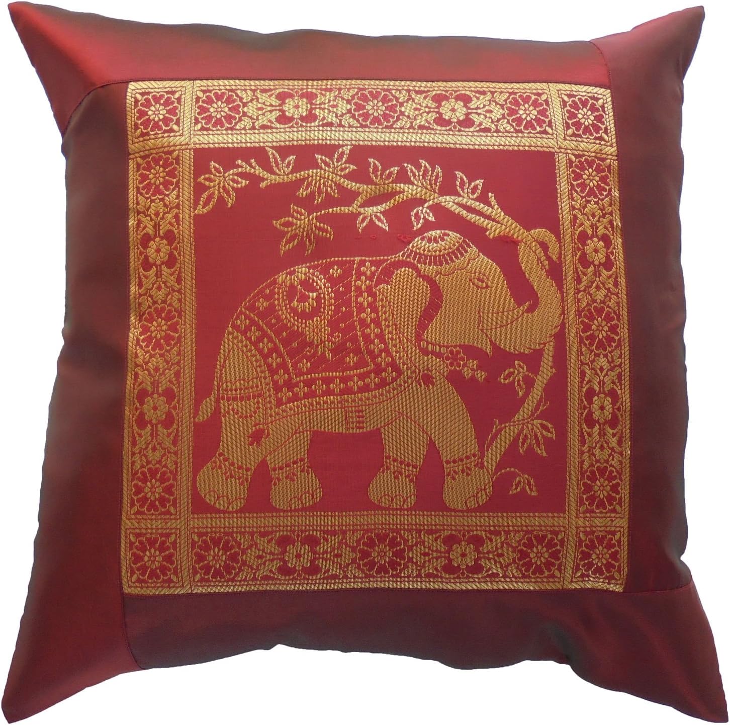 Thai Silk Cushion Cover with Elephant and Flowers Design, 41.5 cm x 41.5 cm, Wine Red for Sofa, Couch
