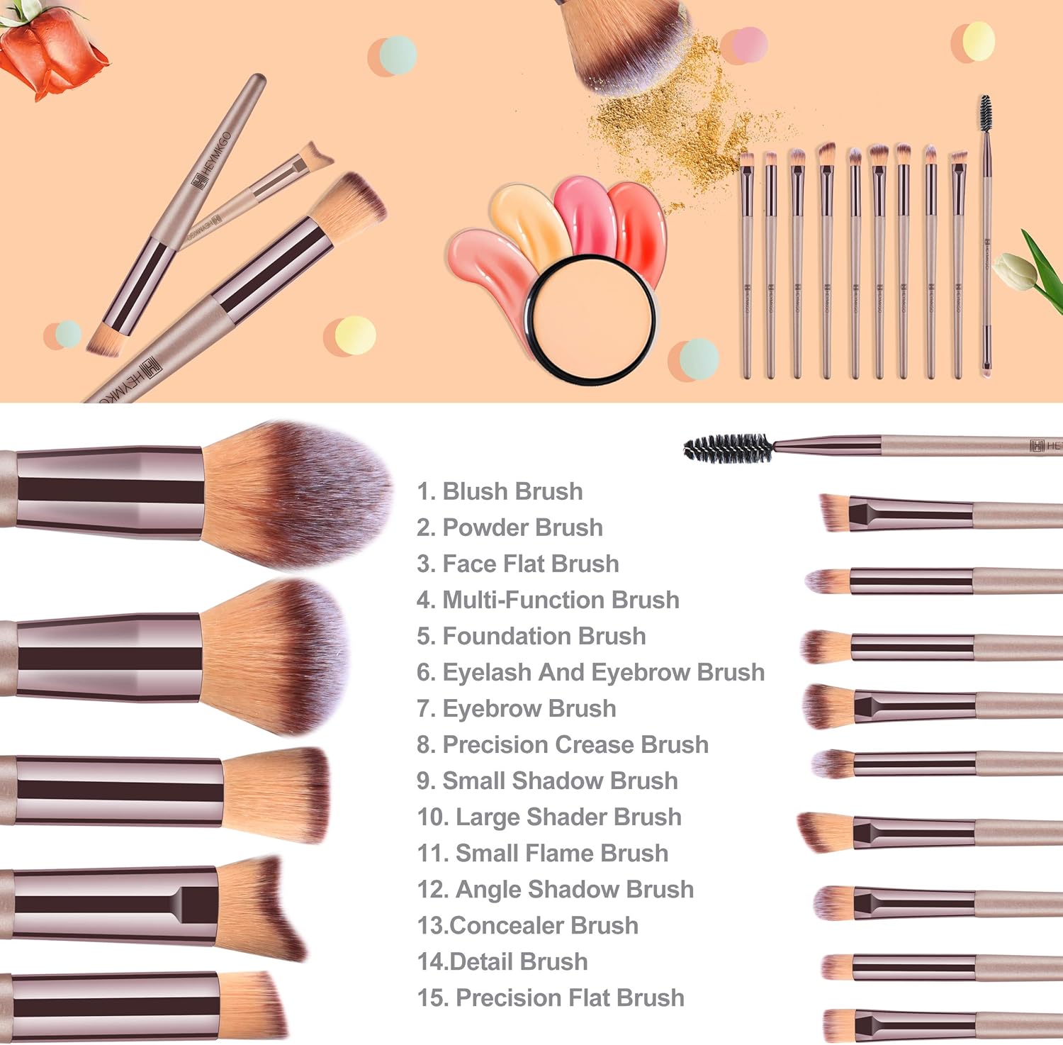 HEYMKGO Makeup Brushes, 15 Pcs Make Up Brushes Set Professional Champagne Gold Makeup Brush Pack - Image 5