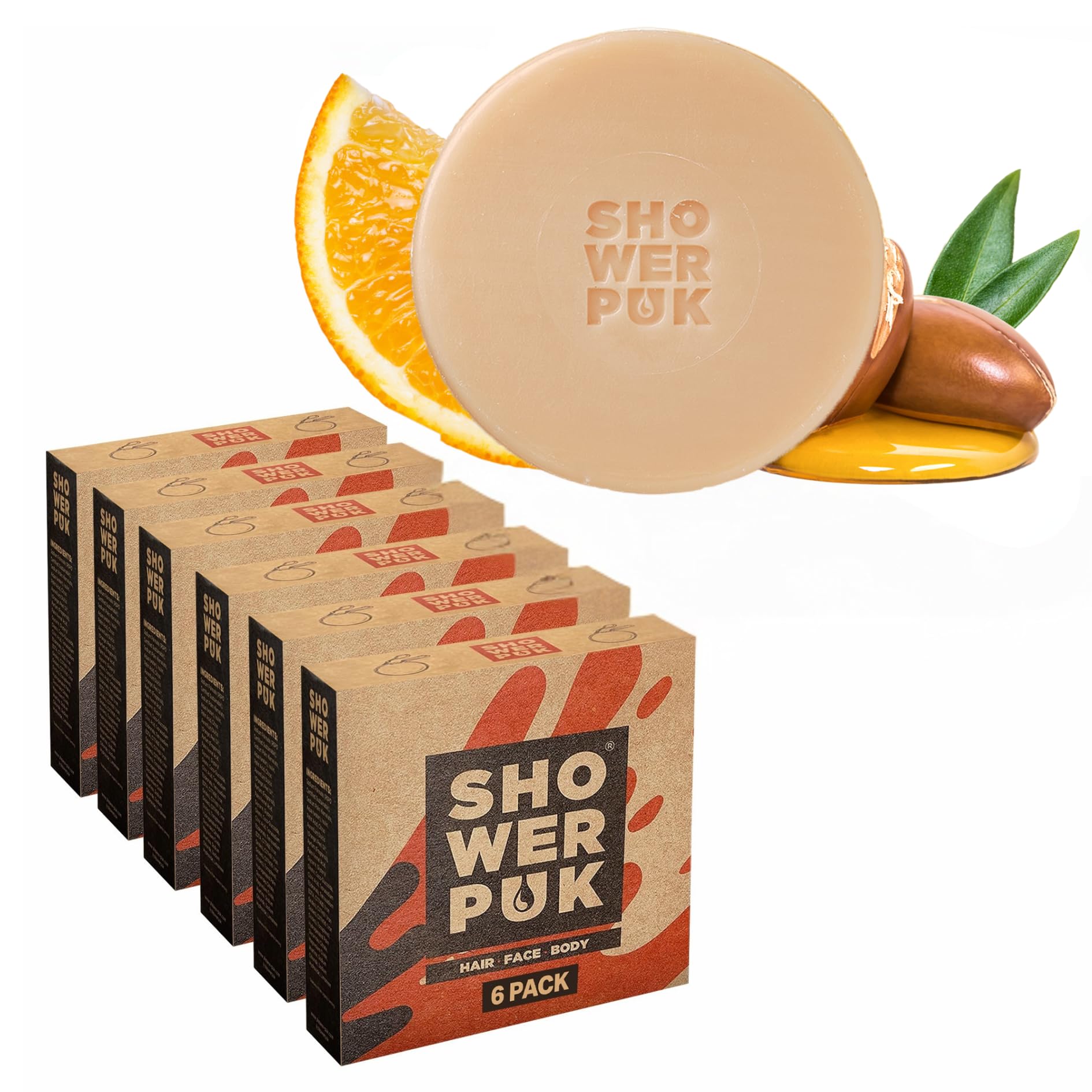 Shower PUK All-in-One Bar: Natural Shampoo, Body Wash & Face Soap with Shea Butter, Argan Oil & Long-Lasting Citrus Scent - Eco-Friendly, Plastic-Free, Vegan - 6 Pack Refill