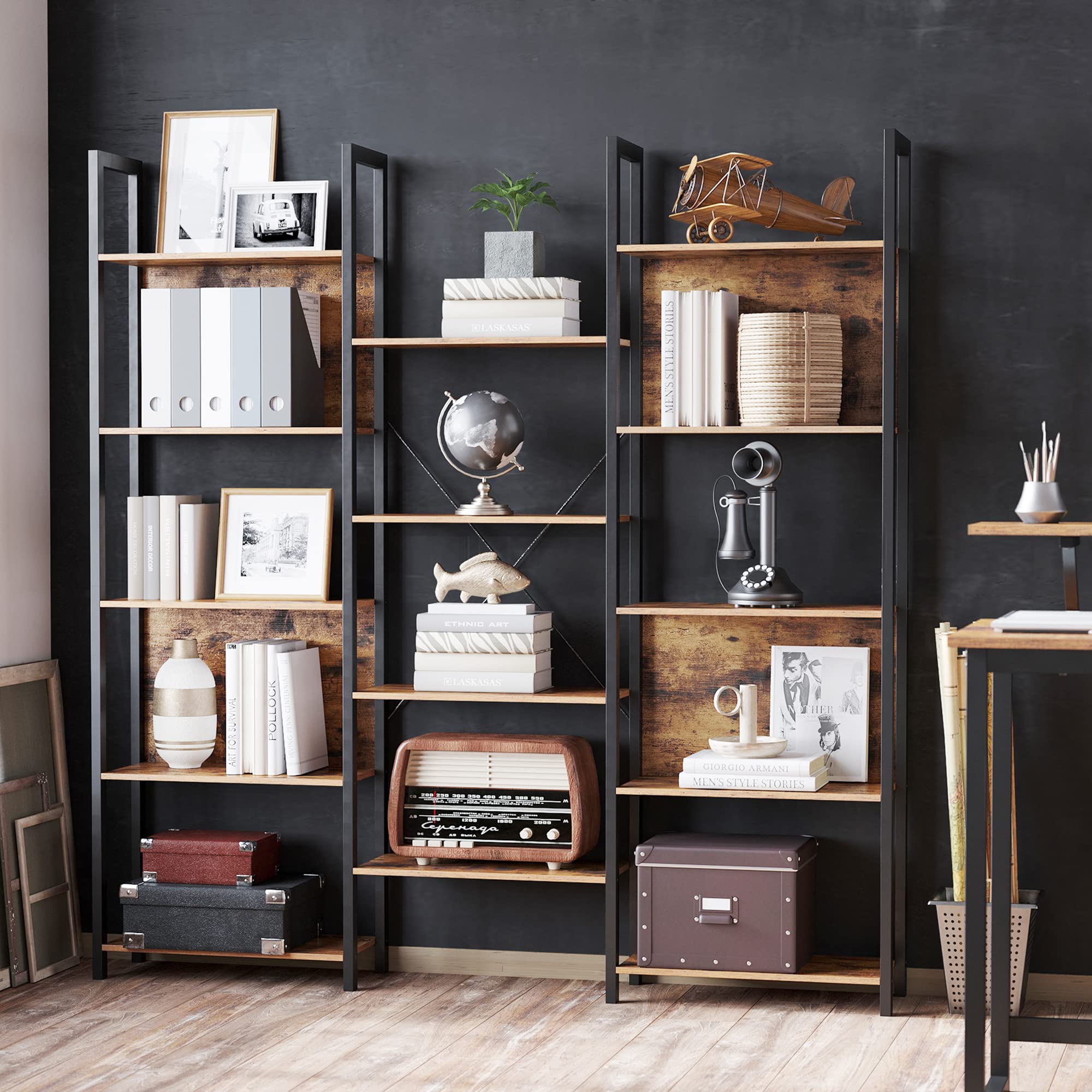 VASAGLE 5-Tier Bookcase with 14 Shelves, Book Shelf with Metal Frame, Bookshelf for Living Room, Home Office, Industrial Style, 9.4 x 62.2 x 65.4 Inches, Rustic Brown and Black ULLS107B01