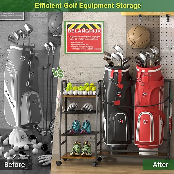 GOLF BAG STORAGE RACK FOR GARAGE WITH WHEELS, ORGANIZER FOR 2 GOLF BAG AND EQUIPMENT ACCESSORIES, GOLF ORGANIZER STAND IDEAL FOR HOME, GARAGE, CLUB, SHED, BASEMENT – STURDY AND DURABLE (BLACK)