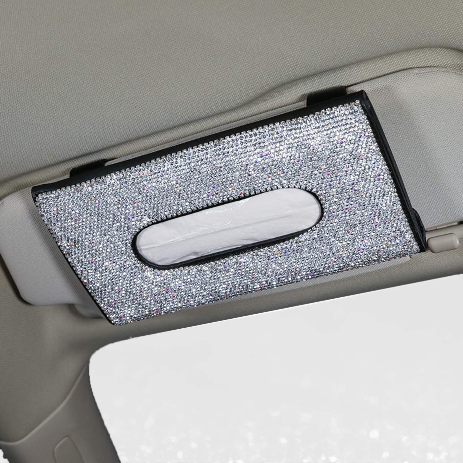 aoory Car Tissue Box Bling Bling Sun Visor With Crystal Diamond Leather Car Napkin Holder Anti-blocking Sight - Black