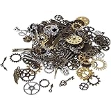 BIHRTC 200 Gram Antique Steampunk Gear DIY Assorted Mixed Color Metal Cog Wheel Skull Brass Key Pendant Charms for Craft…