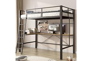 SogesSleep Loft Bed Twin Size with L-Shaped Desk, Heavy Duty Metal Twin Loft Bed with Charging Station, Safety Guard & Ladder, Space-Saving, No Box Spring Needed