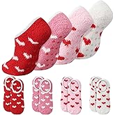 Foaincore 4 Pairs Valentine's Day Fuzzy Slipper Socks for Women Red and Pink Winter Heart Grip Slippers House Hospital Low Cut Socks Birthday Valentine's Day Gifts