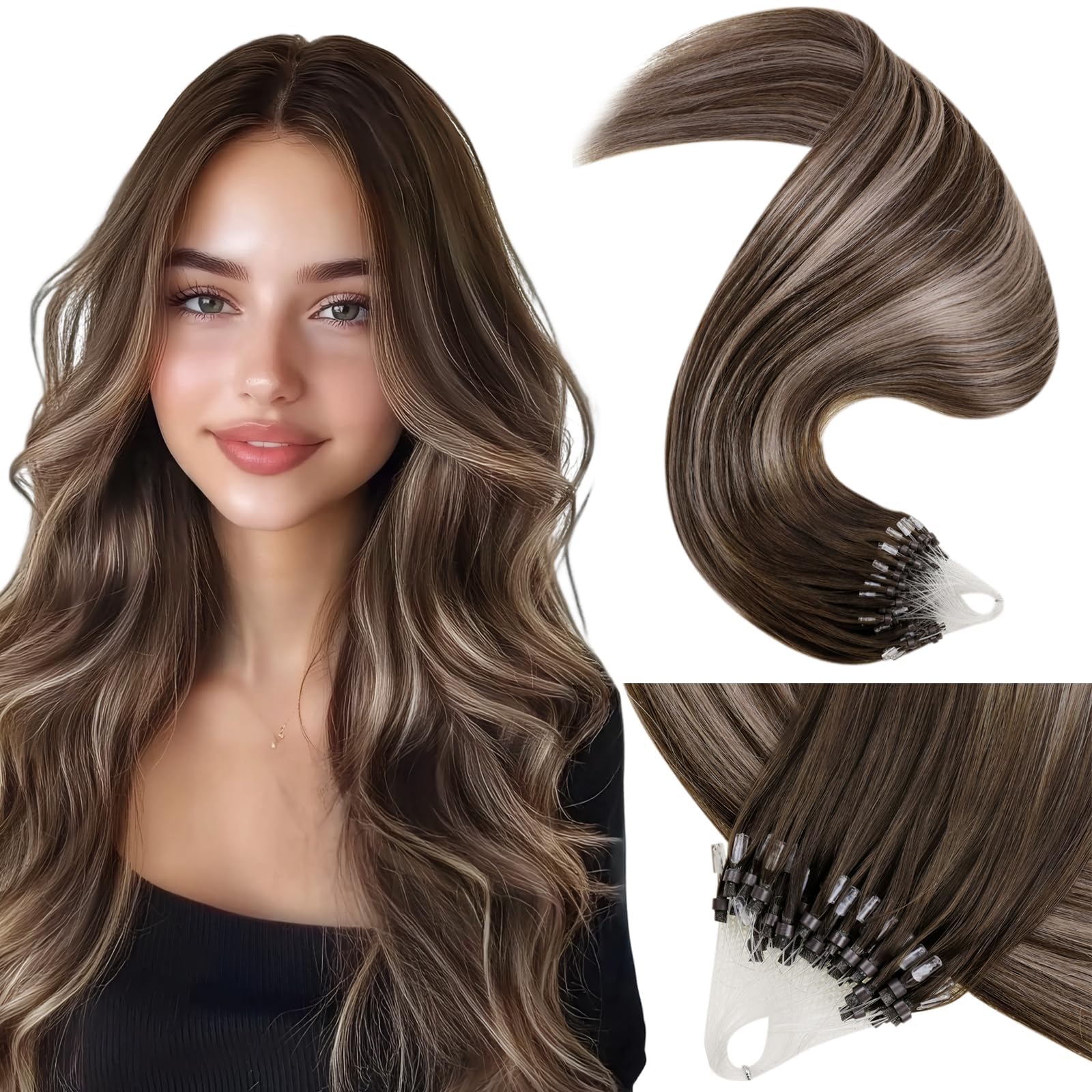 LaaVoo Micro Loop Hair Extensions Real Human Hair Brown Remy Straight Balayage Dark Brown to Ash Blonde & Dark Blonde Invisible Micro Ring Hair Extensions 50g 50s 16 Inch #4/18/4 — image 1