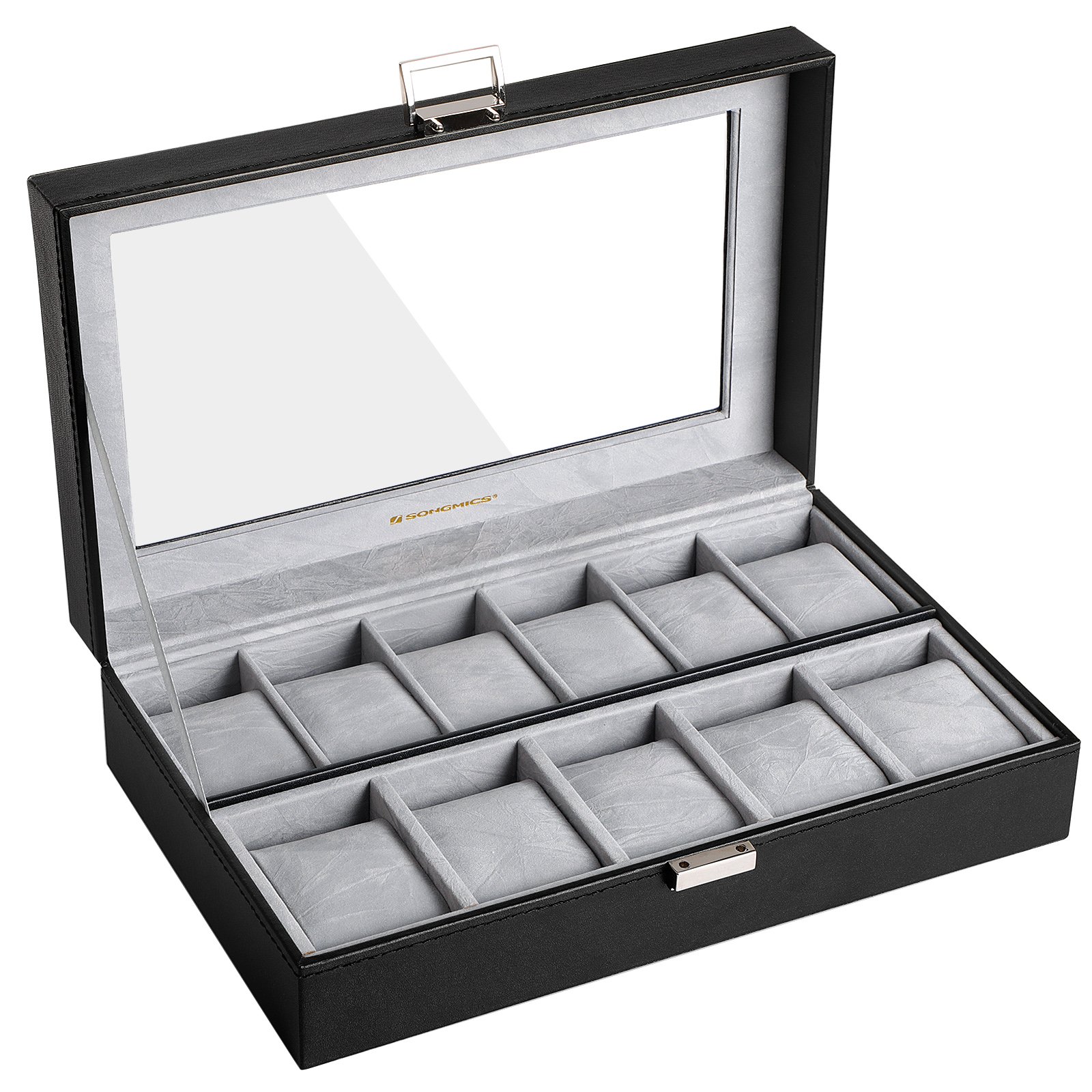 SONGMICS Watch Box, Watch Case, Storage Box with Large Compartments, PU