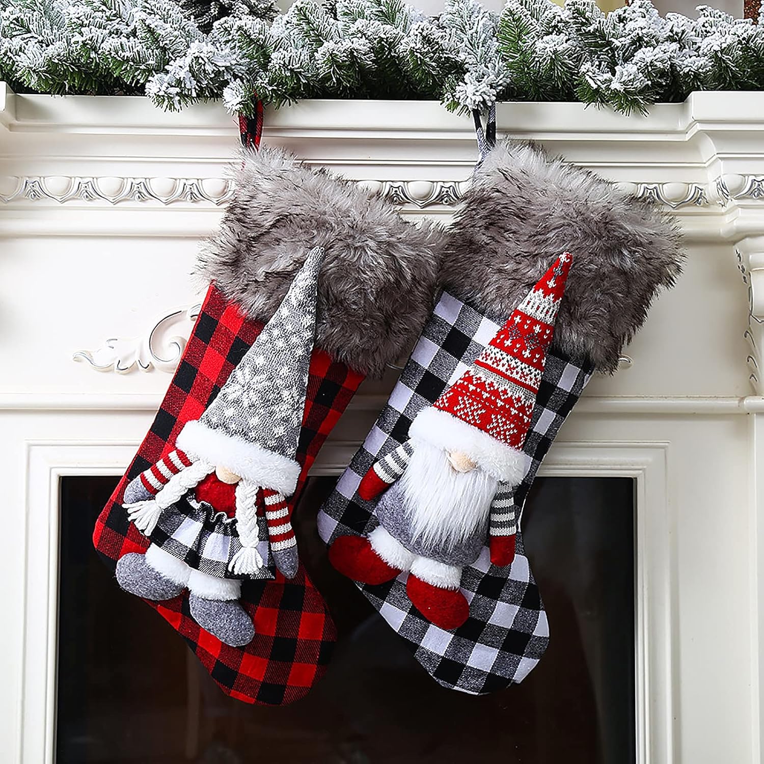Stockings & Holders - AYQQE Christmas Stockings 2 Pack, 18’’ Buffalo Plaid Christmas Stockings with 3D Gnome Santa & Faux Fur Cuff, Xmas Gnome Stocking for Family Christmas Holiday Party Decorations