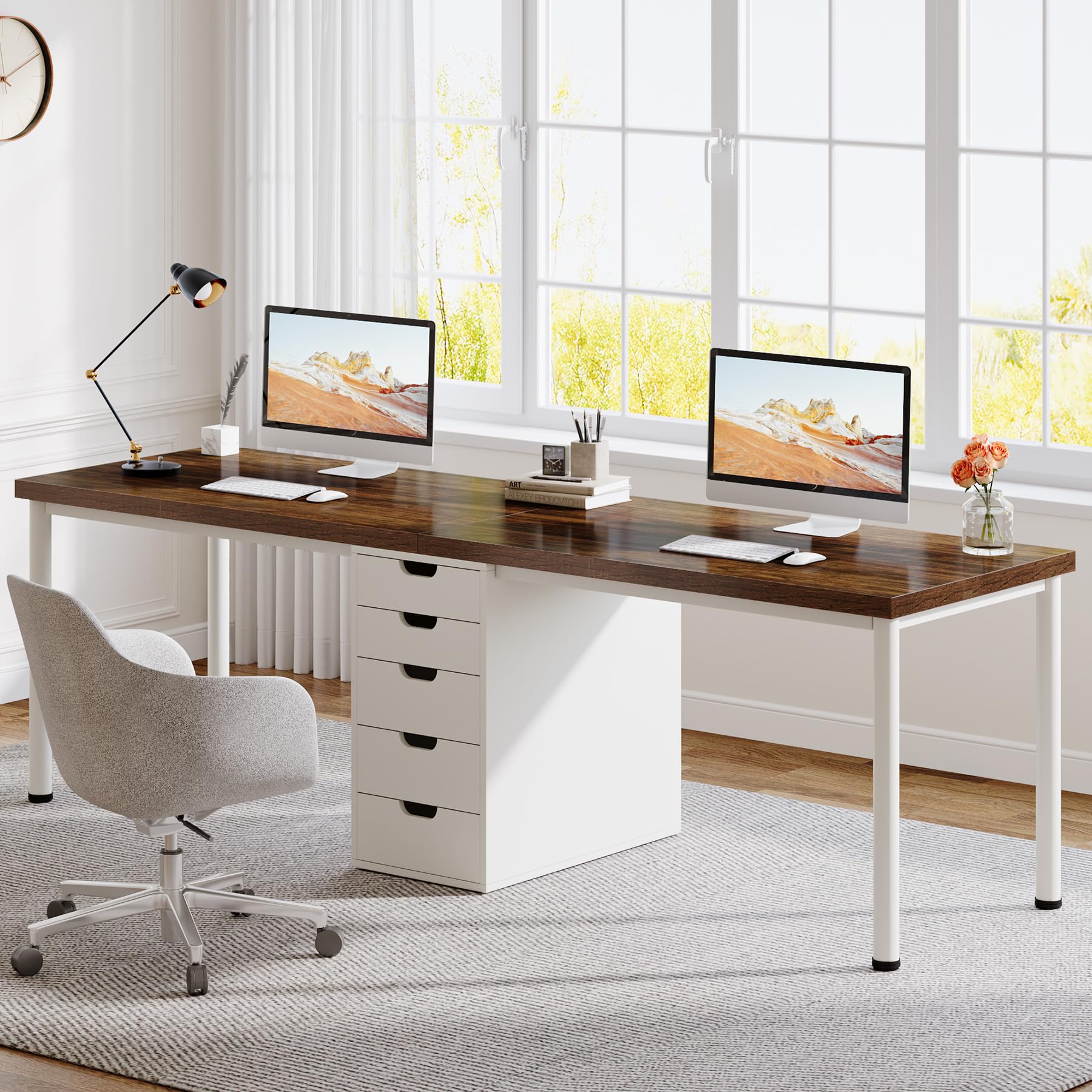 Photo 1 of Tribesigns Two Person Computer Desk with 5 Drawers, 78.7 Inches Extra Long Double Office Desk, Modern Simple Double Computer Desk Study Writing Table Workstation for Home Office(Brown/White)