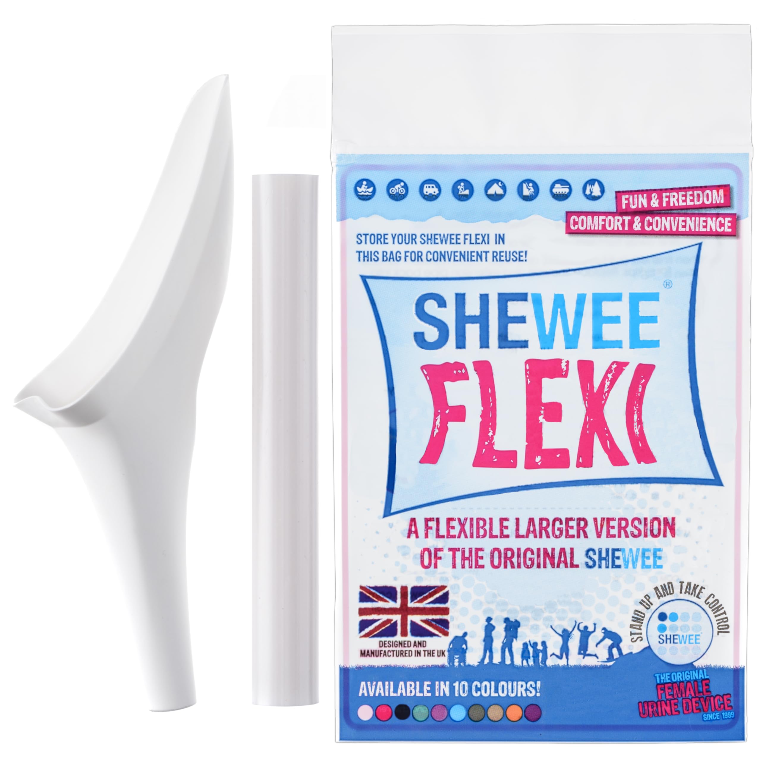 SHEWEE Flexi – The Original Female Urinal – Made in the UK – Reusable, Flexible & Portable Urination Device. Festival, Camping, Car, Hiking Essentials for Women. Stand to Pee Funnel – White