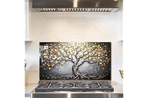 fzxwyishu Tree of Life,Tempered Glass Backsplash For Kitchen Behind Stove,Easy to Clean Kitchen Sink Cover Splash Guard, Home Kitchen Décor (gold, 30"x16"(76.2x40.64cm))