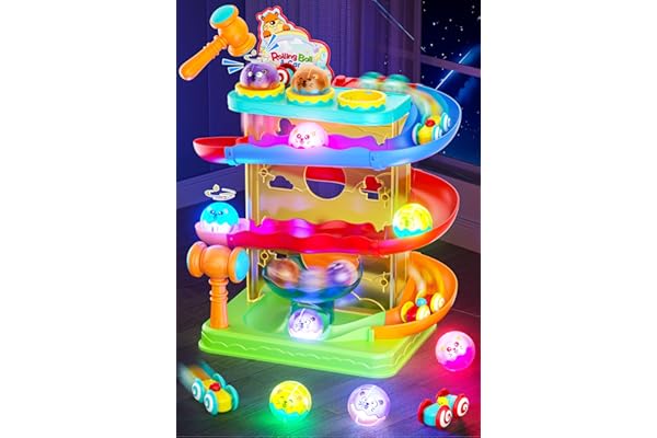 2-in-1 Rolling Ball & Car Ramp Race Track for Toddlers, Hammer Ball Drop Toy for Boys & Girls, Interactive Playset w/Sensor L
