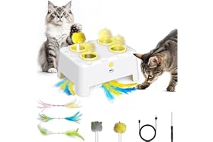 Kezlume Cat Toys, 2 in1 Automatic Interactive Cat Toys for Indoor Cats, 4 Holes Mice Whack a Mole Cat Mouse Toy with Moving Feather, Rechargeable USB Power Kitten Feather Toys for All Breeds (Yellow)