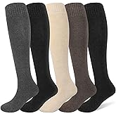 Justay 5 Pairs Winter Knee High Socks Warm Tall Boot, Soft Knit Thermal Cotton Long Socks for Women Gifts