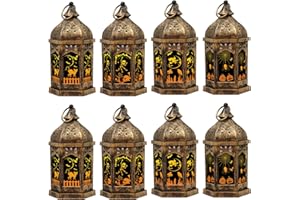 LLQ 5"Halloween Lanterns Decorative, Mini Lantern with Flickering LED Candle, Small Lantern Decorative with Tea Lights&Mirror Glass, Portable Jack-o-Lantern for Halloween Party Decor, 8 Pack, Bronzed