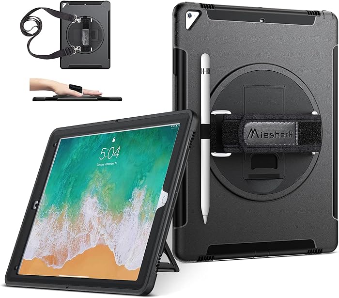 iPad Pro 12.9 Case 2nd Generation 2017 & 2015 1st Generation, Military Grade Heavy Duty Rugged Shockproof Protective Cover w/ 360° Rotatable Stand + Handle Hand & Shoulder Strap + Pencil Holder Black