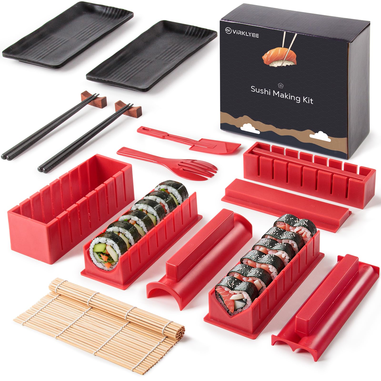 Virklyee Sushi Maker kit 5 Unique Mold Shapes 10PCS Plastic kit DIY Home Sushi Making Kit Sushi Tool Set Rice Roll Mold Multifunctional Mould Suit The Best Choice for Beginners or Foodie (Red)