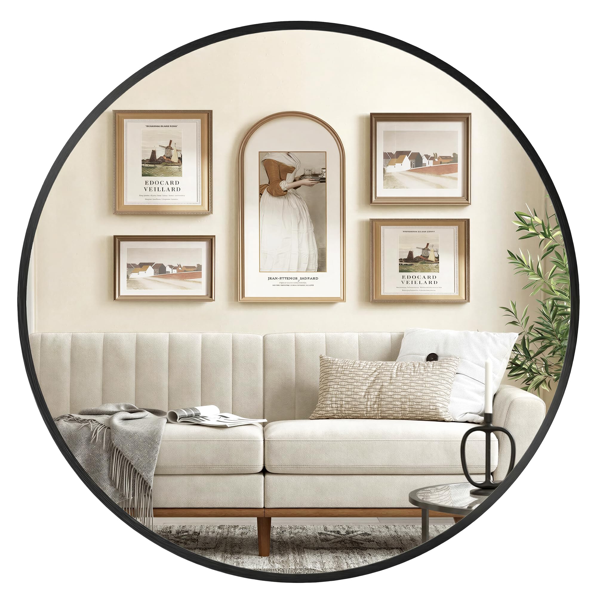 SONGMICS 105 cm d Spiegel rund, runder Spiegel, Wandspiegel, Metallrahmen, einfache Montage, modern, für Bad, Wohnzimmer, Schlafzimmer, Flur, Eingangsbereich, tintenschwarz LWM106BD01