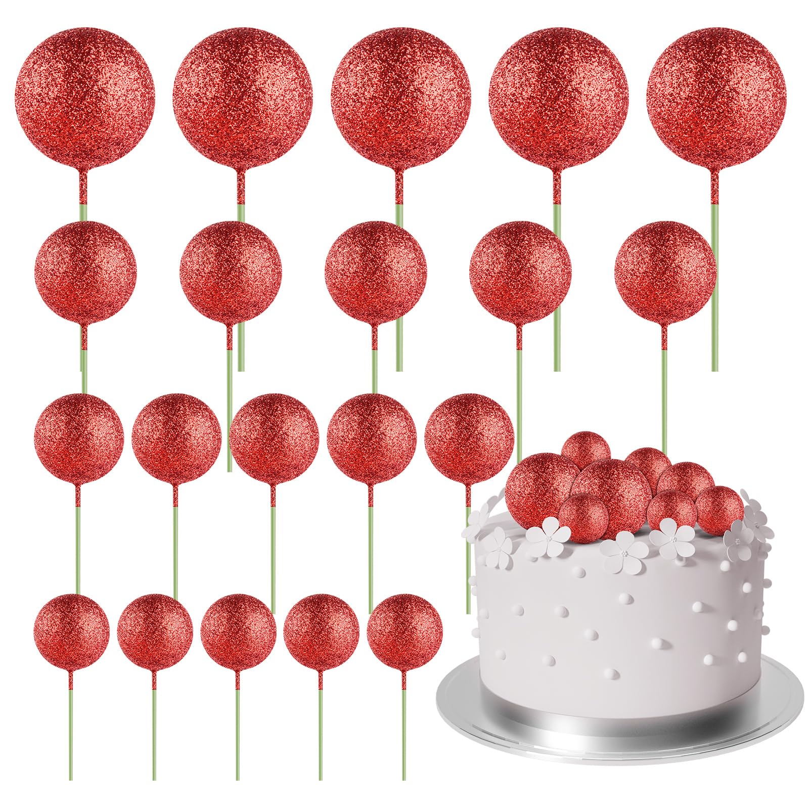 ASTARON 20 Pcs Mini Balloons Cake Topper Sticks - Red Glitter Ball Picks for Christmas, Wedding, Birthday Decorations
