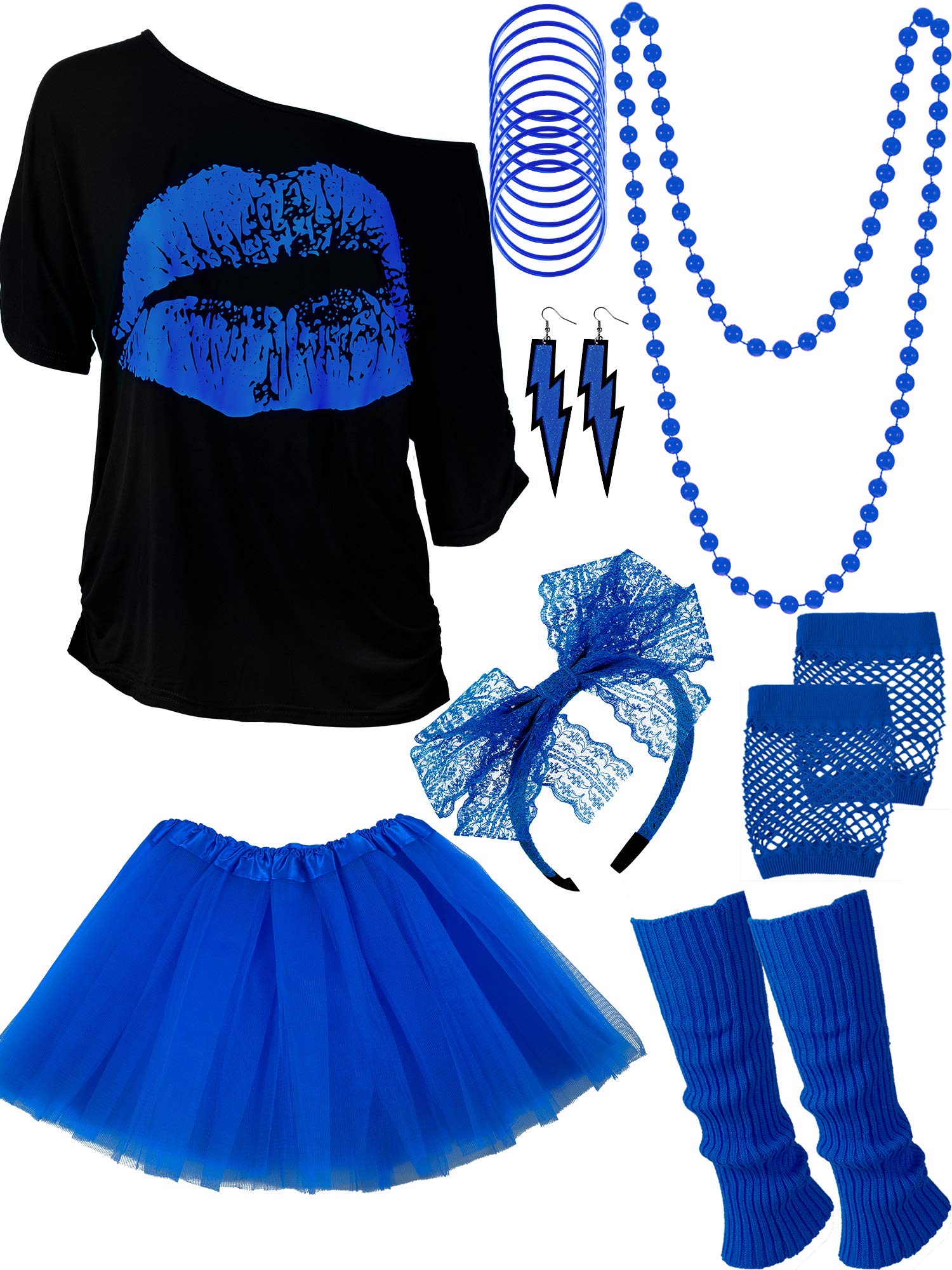 Blulu Women's 80s Costume Accessories Set, Lips Print T-Shirt Adult Tutu Skirt Lace Headband Neon Earrings Necklace Leg Warmers Fishnet Gloves Bracelet (Royalblue, M)