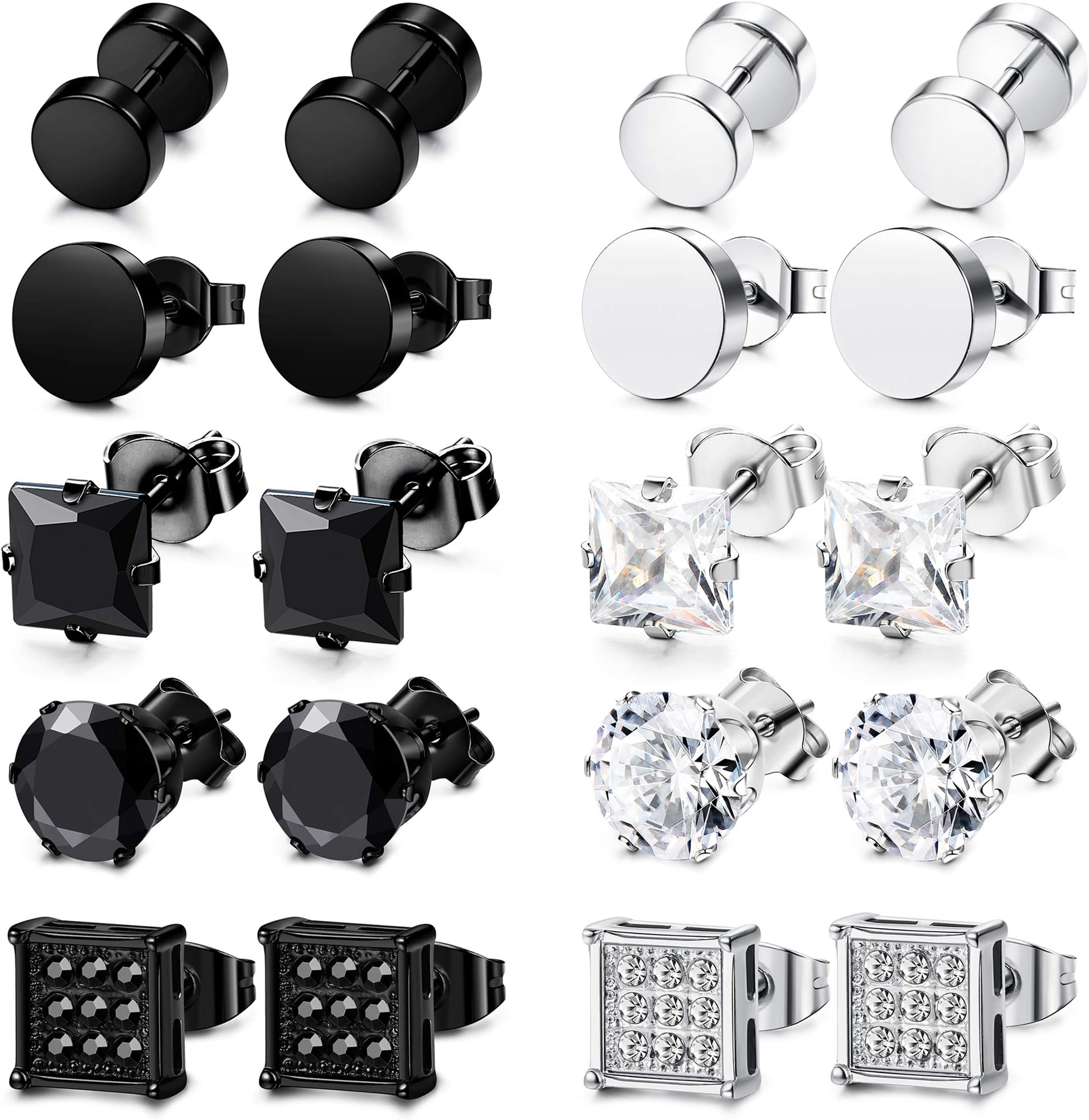 FIBO STEEL 10 Pairs Stainless Steel Stud Earrings for Men Women