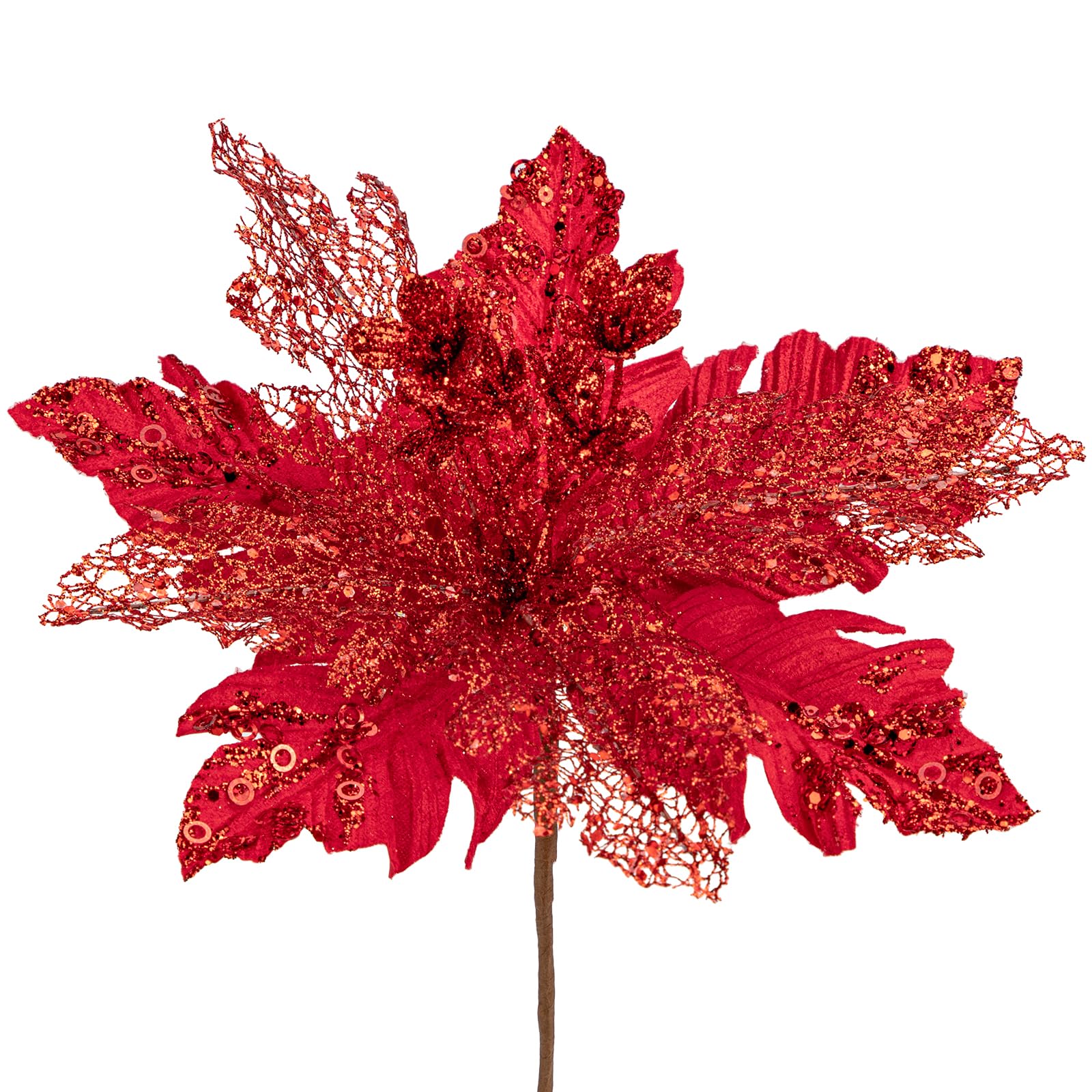 Arborus 6PCS Artificial Flowers Christmas Glitter Poinsettia 11.4" Artificial Large Christmas Flowers Xmas Tree Decorations Red Poinsettia Christmas Decorations for Xmas Garland Wreath DIY Decor