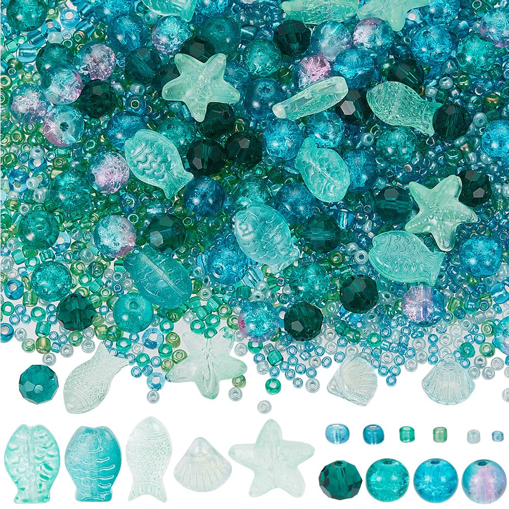 SUNNYCLUE 1 Box 3100+Pcs Sea Glass Beads Kit Glass Ocean Beads Glass Starfish Shell Fish Beads Summer Hawaii Ocean Animal Bead Cyan Spacer Loose Beads for jewellery Making DIY Beading Crafts Supplies — image 1