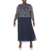 J Kara Women's Plus-Size 3/4 Scallop Beaded Pop Over Gown Plus